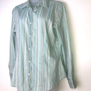 Van Heusen Women's Blue,‎ Black & White Stripe Button Down Shirt Medium